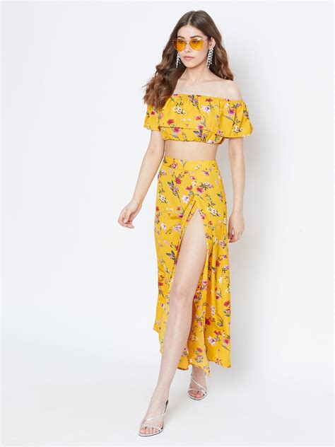 Women Yellow Floral Printed Off-Shoulder Co-Ordinate Maxi Dress - Berrylush