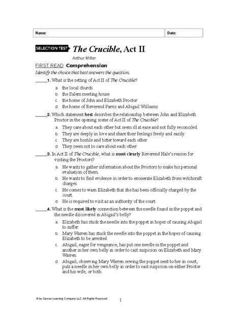 The crucible act 2 questions - Name: Date: The Crucible, Act II Arthur ...