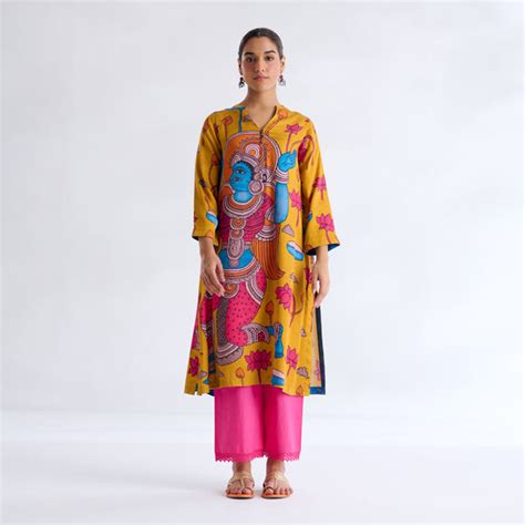 Buy Rasika Modal Satin Kurta Set - Yellow | Rustorange