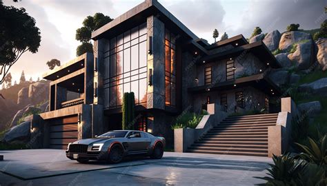 Premium Photo | A modern mansion with a parked car in front of the house