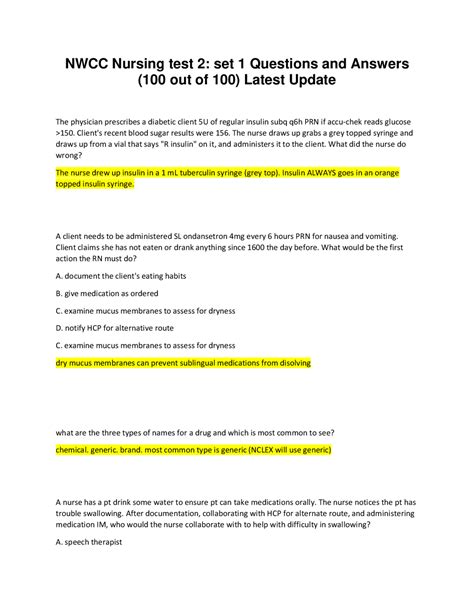 NWCC Nursing test 2 set 1 Questions and Answers (100 out of 100) Latest ...
