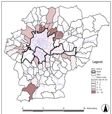 Map 1: kathmandu valley, population growth 1991-200.