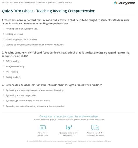 Quiz & Worksheet - Teaching Reading Comprehension | Study.com