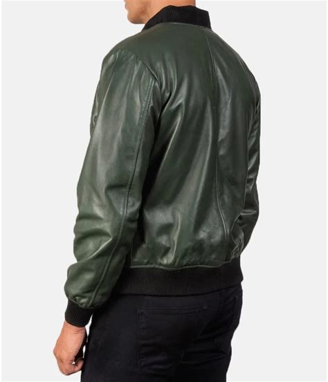 Mens Casual Real Green Leather Bomber Jacket - Jackets Masters