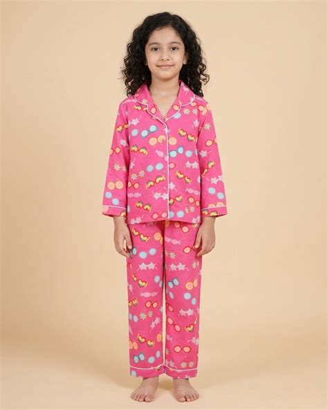 Pink Premium Cotton Full Sleeves Printed Collar Style Pyjama & T-Shirt ...
