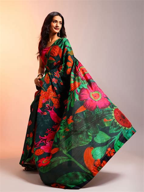Luxurious Rustic Petals Green Floral Printed Jacquard Saree