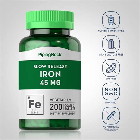 Slow Release Iron Supplement 45mg - 200 Tablets | Ferrous Sulfate | Vegetarian Non-GMO Gluten ...