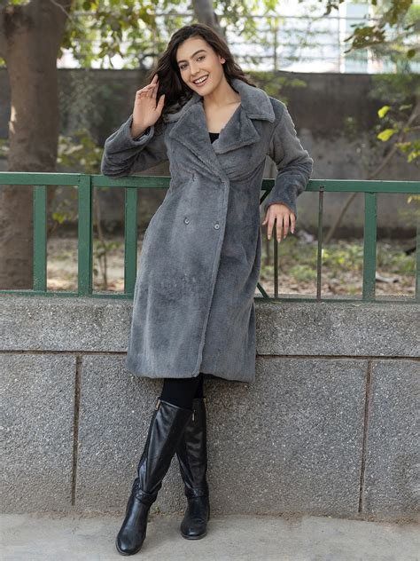 Long Fur Coat with notch collar in Grey – Mabish Store