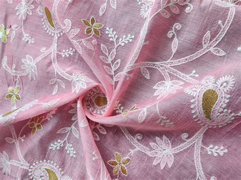 Baby Pink Chikankari Embroidered Chanderi Fabric (Wholesale)