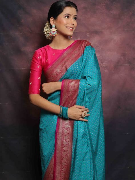 Banarasee Semi-Chiffon Antique Zari Saree Contrast Border Saree-Blue