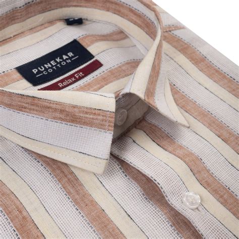 Cream Brown Color Bold Stripe Cotton Shirt For Men – Punekar Cotton