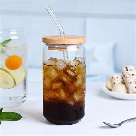 Buy Drinking Glasses with Bamboo Lids and Glass Straw 16oz Can Shaped ...