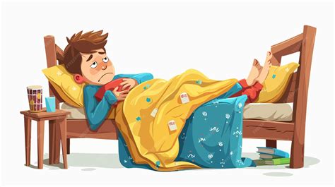 Sick Boy Lying in Bed Cartoon Vector Illustration | Premium AI ...