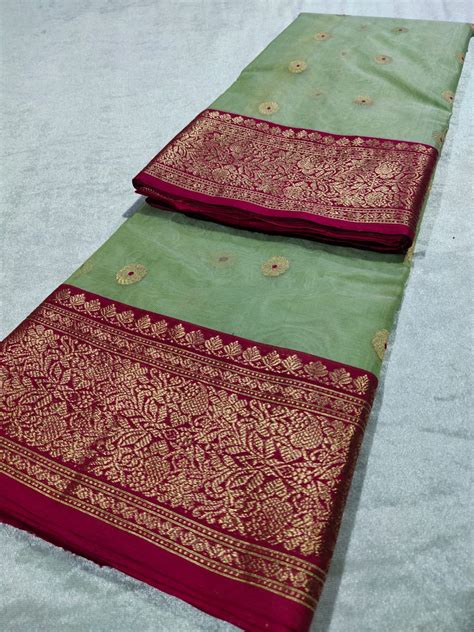 Pista Chanderi Silk Saree - Authentic Chanderi Silk Saree | Numaya