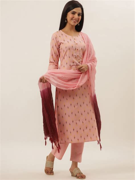 Pink Ethnic Motifs Cotton Printed Dupatta Set freeshipping - Yufta Store