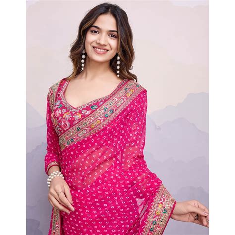 Rani Pink Bandhani Printed Georgette Saree With Embroidered Lace Borde