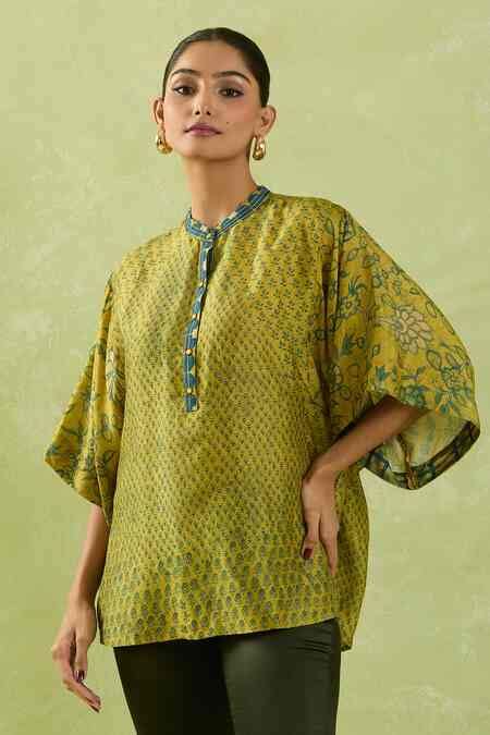 Buy Yellow Silk Mandarin Collar Garden Print Mustard Top For Women by ...