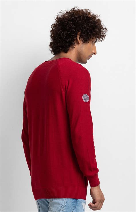 Spykar Deep Red Cotton Full Sleeve Casual Sweater For Men