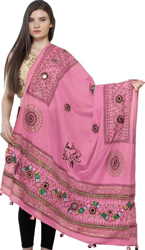 Pink-Carnation Printed Dupatta from Kutch with Hand-Embroidered Florals ...