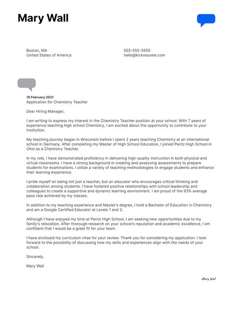 Chemistry Teacher Cover Letter Sample | Kickresume