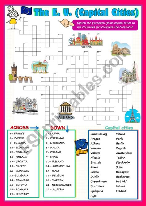 THE EUROPEAN UNION CAPITAL CITIES (CROSSWORD PUZZLE) - ESL worksheet by ...