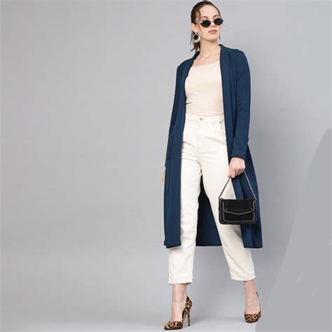 Women Teal Blue Longline Solid Open Front Winter Shrug