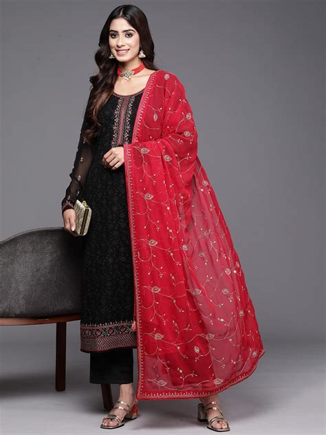 Buy Black Embroidered Georgette Straight Suit With Dupatta Online at Rs ...