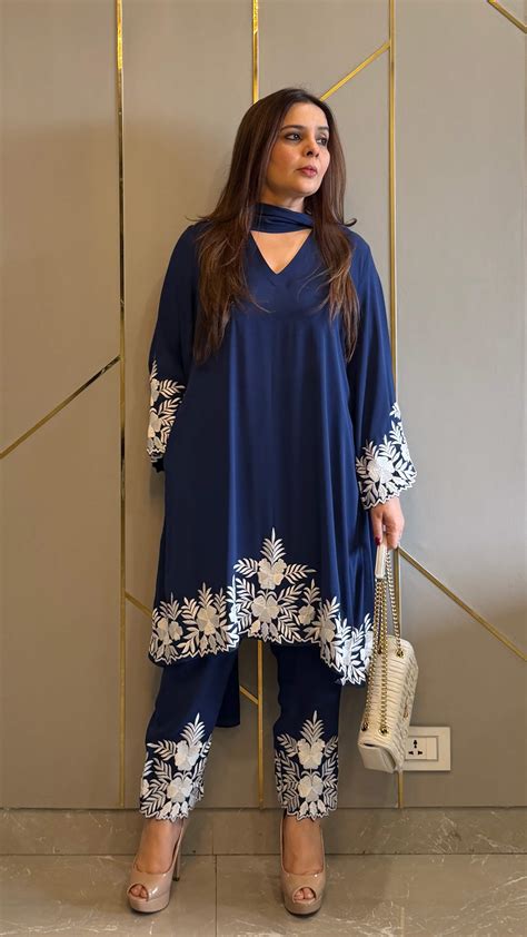 Navy Embroidered Gara Co-ord Set with Optional Dupatta – Kylee