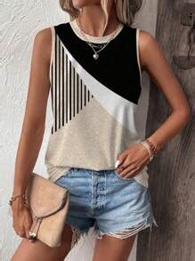 SHEIN Summer Casual Two Tone Round Neck Sleeveless Tank Top Graphic ...
