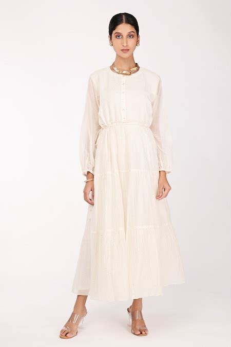 Buy Off White Chanderi Mukaish Round Maxi Dress For Women by Komal Shah ...