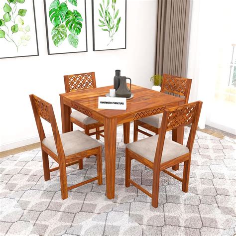 HANDWOOD FURNITURE Premium Sheesham Wood Dining Table (34x34) with 4 ...