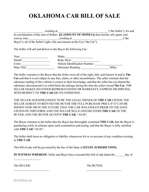 Free Oklahoma (OK) Bill of Sale Form | PDF & Word