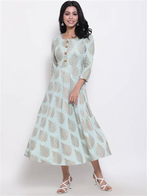Cotton Printed Round Neck 3/4 Sleeve Flared Ankle Length Ethnic Kurta ...