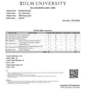 Final marksheet transcript-2 - BA LLB (HONS) (2023 - 2028) Student Name ...