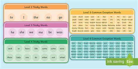 Levels 2-6 Tricky and Common Exception Words Table Strips