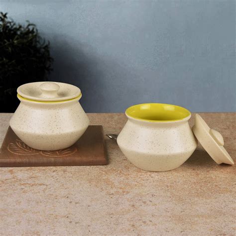 StyleMyWay Ceramic Matt Finish Handi with Lid (Set of 2, 300 ml each ...