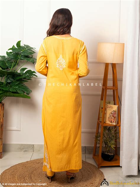 Ezna Modal Chikankari Kurta Set – Yellow |The Chikan Label