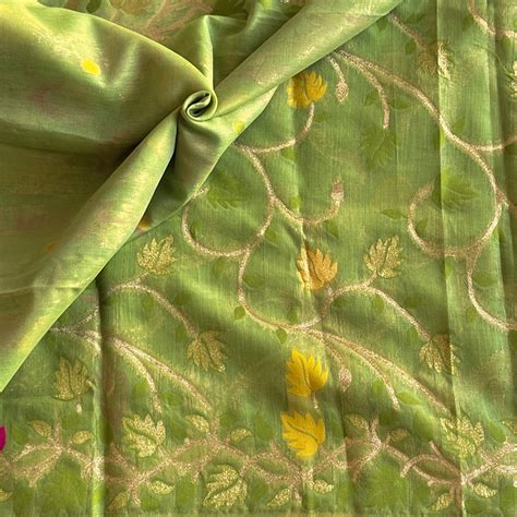 Lime Green Floral Zari Saree Fuchsia Mustard Motifs Tassel Edge – NAVARASAM