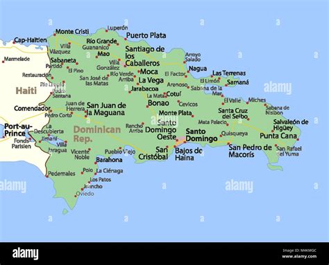 Map of Dominican Republic. Shows country borders, urban areas, place ...