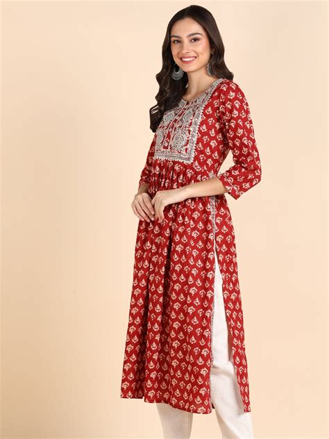 Classic Print Embroidered Nyra Cut Kurta- Red – VEDANA