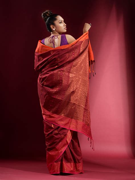 Berry Red Cotton Handspun Handwoven Saree With Dual Borders And Zari w ...
