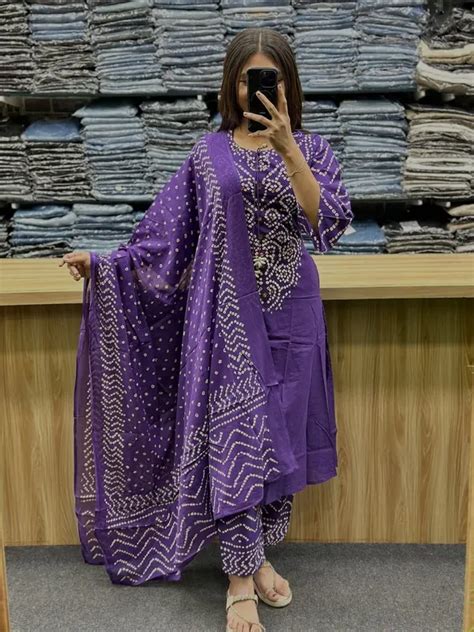 Jaipuri Kurta Royal Purple Bandhani Printed Kurta Set with Dupatta ...