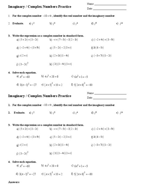 Image result for Imaginary Numbers Worksheet with Answers