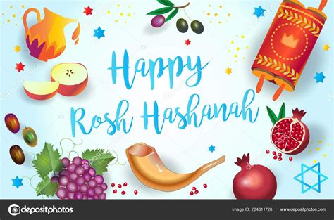 happy rosh hashanah greeting card with jewish symbols and pomegranates