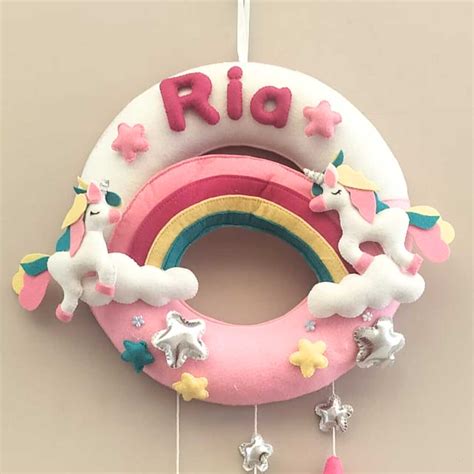 Buy Personalized White & Pink Unicorn Theme Round Felt Kid's Nameplate ...
