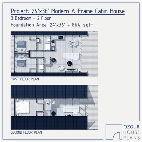 A-frame Cabin House Plan, 24x36 3 Bedroom Modern DIY Blueprint ...