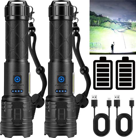 Rechargeable Flashlight 300000 Lumens-2 Pack, Super Bright 12 Hours ...
