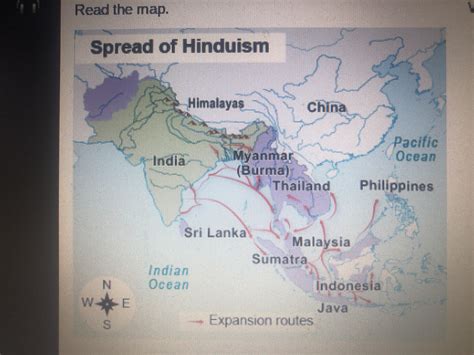 What does the map show about the spread of Hinduism? A) Hinduism spread ...