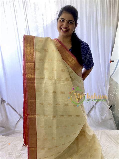 Half White Silk Cotton Saree with Red Border-VS684 – vrikshamindia