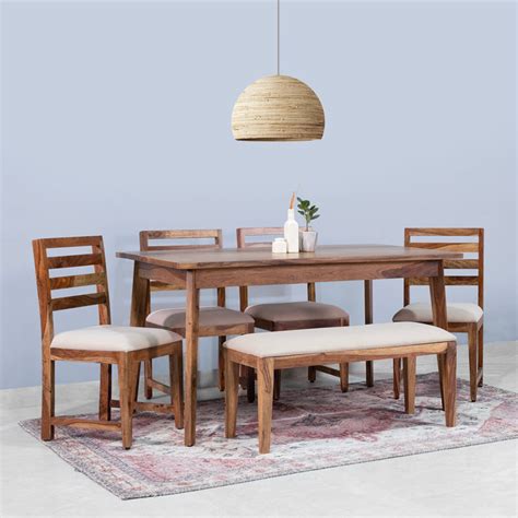 Mateo Sheesham Wood 6 Seater Dining Table with Chairs & Bench – Fabuliv